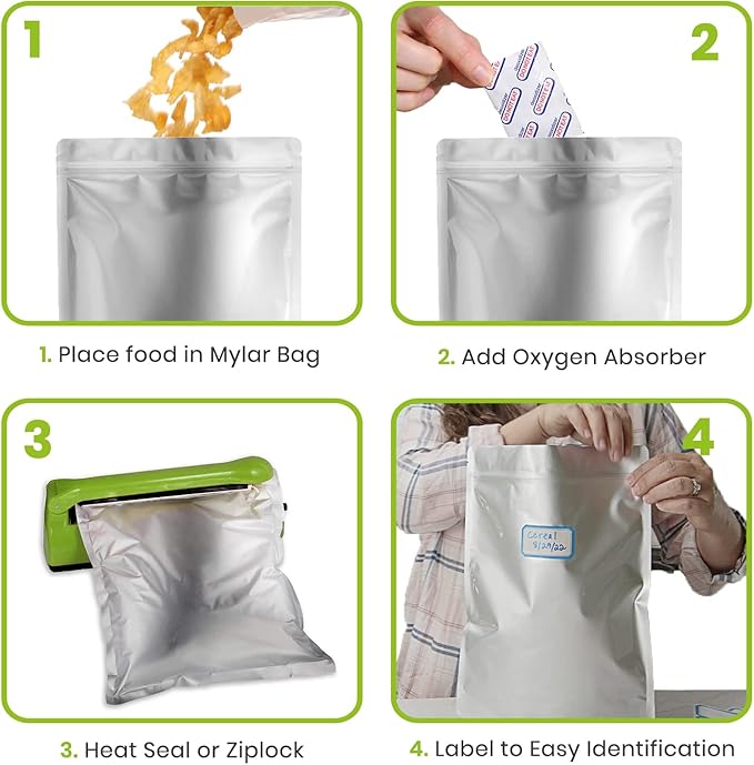10pcs 5 Gallon Mylar Bags for Food Storage - 10 Mil Thick - Extra large bags 5 Gallon with Oxygen Absorbers 2500cc - Zipper Resealable Milar Bags - Bolsas Mylar 5 Galones