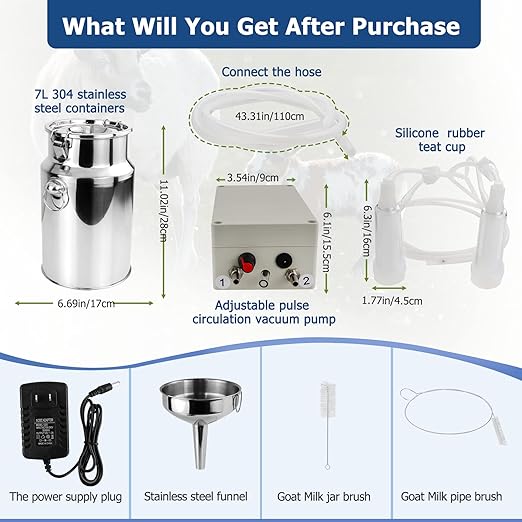 2025 Upgrade 7L Goat Milking Machine, Continuously Adjustable Suction Pulsation Vacuum Electric Milker, Portable Livstock Milking Machine with Stainless Bucket(US Plug)(7L Goat)