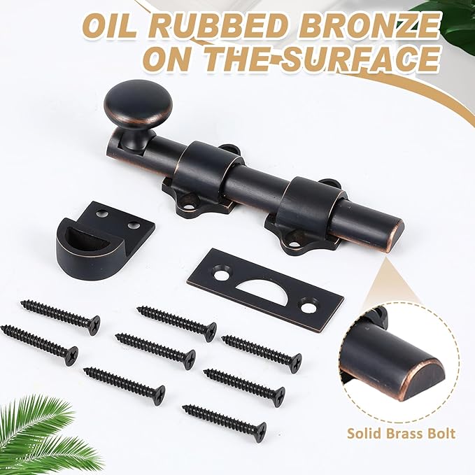 Tandefio Cane Bolt for Gate Heavy Duty Solid Brass Slide Dutch Door Bolt Latch Oil Rubbed Bronze Hardware Locks Attic Latch for Dutch Sliding Barn Door Wooden Fence Metal Gate, Bronze(4 Inch,Brass)