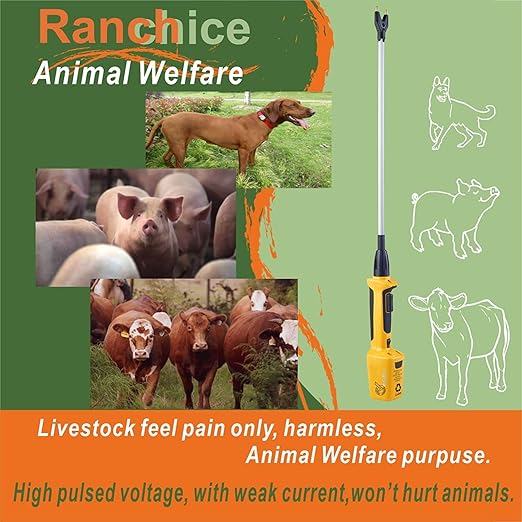 Rechargeable Cattle Prod for Cows Sheep Electric Livestock Prod for Cow Dog Hog Animal Prod with 43″ Flexible Shaft (Total 53 INCH)