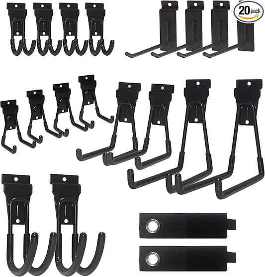 NeatiEase 20 PCS Slatwall Accessories Kit for Garage Rooms Shops Storage Organizing Display, Slat Wall Accessory Includes 18 PCS Multisized Heavy Duty Slatwall Hooks and 2 Pack Velcro Straps