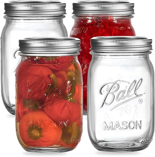Ball Regular Mouth Mason Jars 32 oz. (4 Pack) - Quart Size Jars with Airtight Lids and Bands for Canning, Fermenting, Pickling, Meal Prep or DIY Decors and Projects Bundled with Peaknip Jar Opener