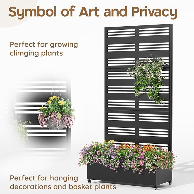 Metal Planter with Trellis& Wheels 72" x 35"x 15.7" Raised Garden Bed with Trellis,Privacy Planters for Patio,Garden Bed for Climbing Plants,Suitable for Climbing Plants and Vegetables,Black