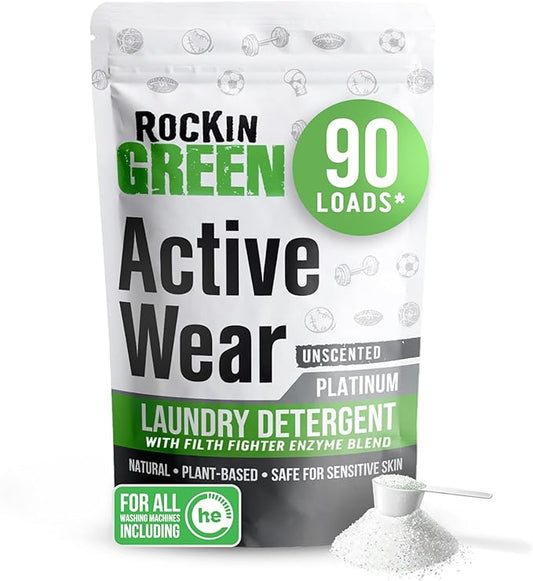 Rockin’ Green Active Wear Laundry Detergent - Unscented Laundry Detergent Powder & Odor Eliminator - Workout Clothes & Sportswear - Safe for Sensitive Skin - 90 Loads