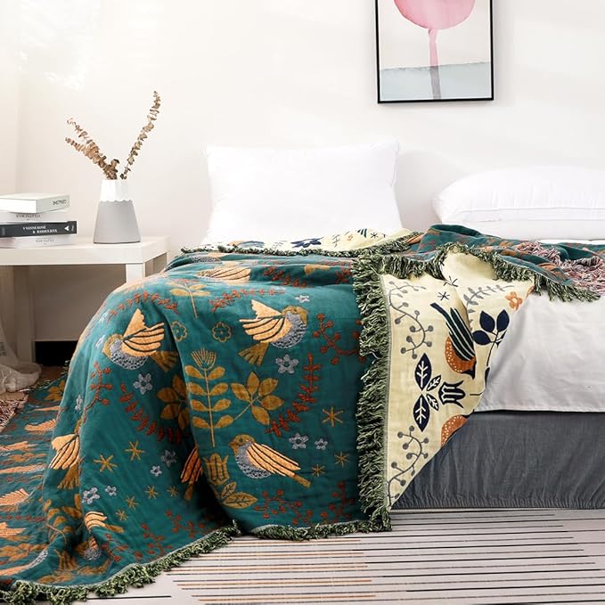 Boho Sofa Bed Large Throw Blanket, Ultra Soft Luxury King Throw Quilt, 100% Organic Cotton Reversible Bohemian Throw for Couch Chair Bedspread and Gift, 91" x 98"-Teal