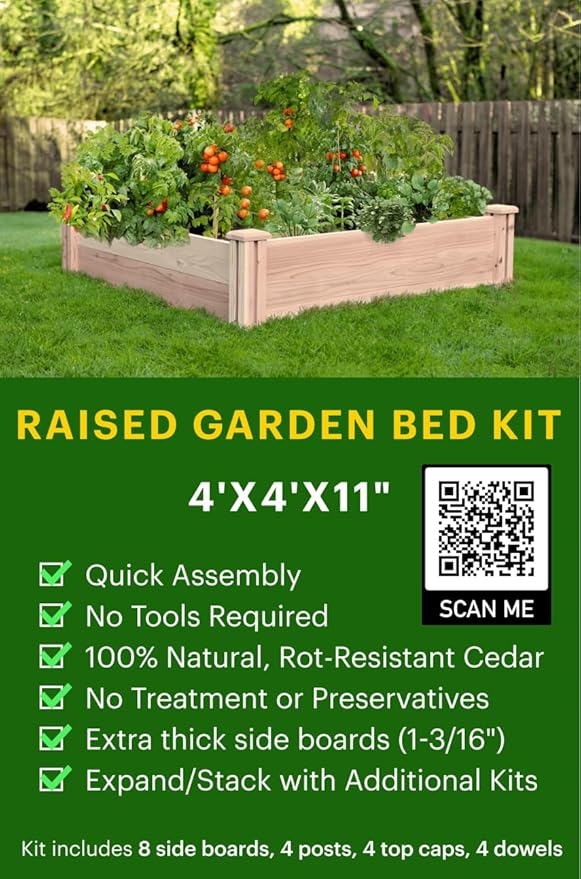 Cedar Raised Garden Bed, 4ft x4ft, 12-inch Height, Drainage, Heavy Duty, Wooden