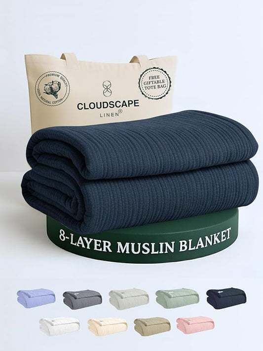 Cloud Scape Linen 8-Layer Muslin Blanket Queen Size - 100% Cotton, Soft and Breathable, Oversized Winter Blanket, Fits up to Full Size Bed, 92x92, Ensign Blue