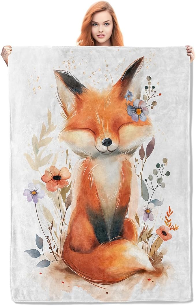 Cute Fox Blanket Gifts for Women Girls Soft Warm Lightweight Cozy Animal Floral Throw Blankets for Bed Sofa Couch Living Room Decor 80x60in