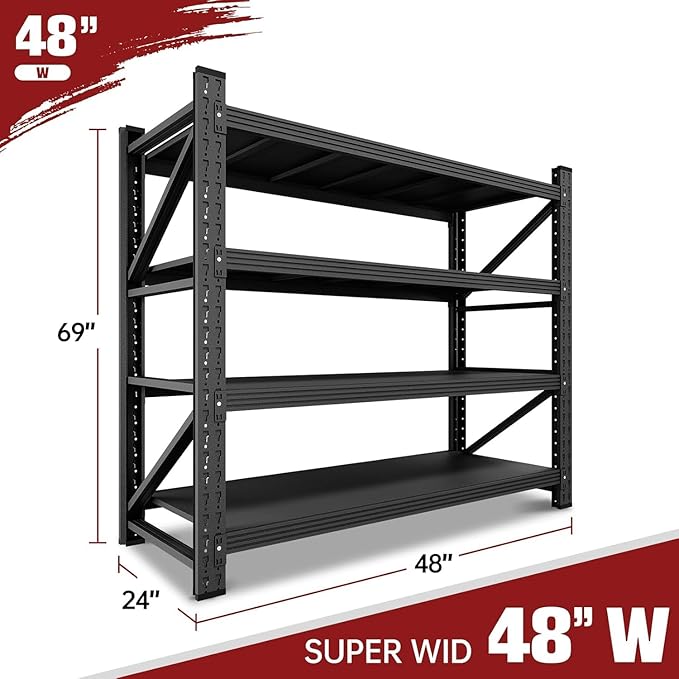48" W Storage Shelves, 3000LBS Garage Shelving Heavy Duty Metal Adjustable Garage Shelves, Shelving Units Industrial Shelving for Warehouse, 48" W x 24" D x 69" H, Black