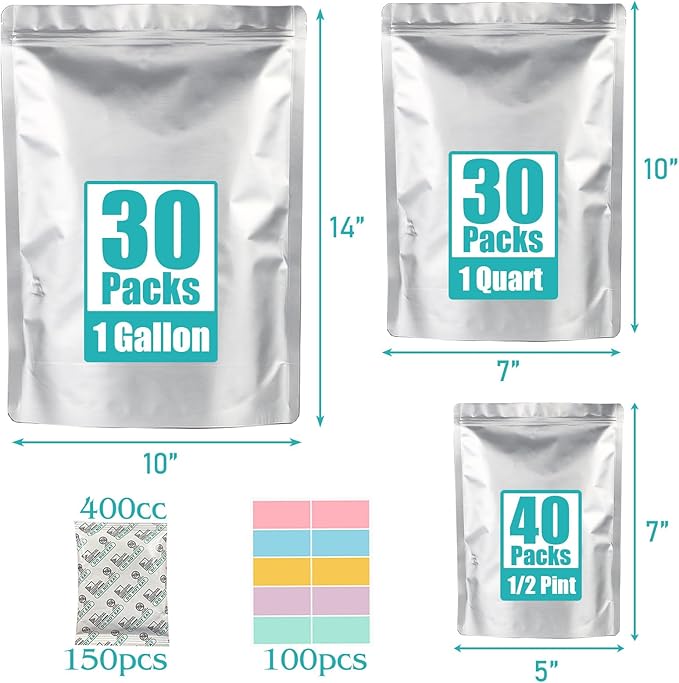 100pcs Mylar Bags for Food Storage with 150 Oxygen Absorbers & Labels, 10 Mil Thick 3 Sizes (1 Gallon, 1 Quart, 1/2 Pint) - Stand-Up, Resealable & Heat Sealable for Long Term Food Storage