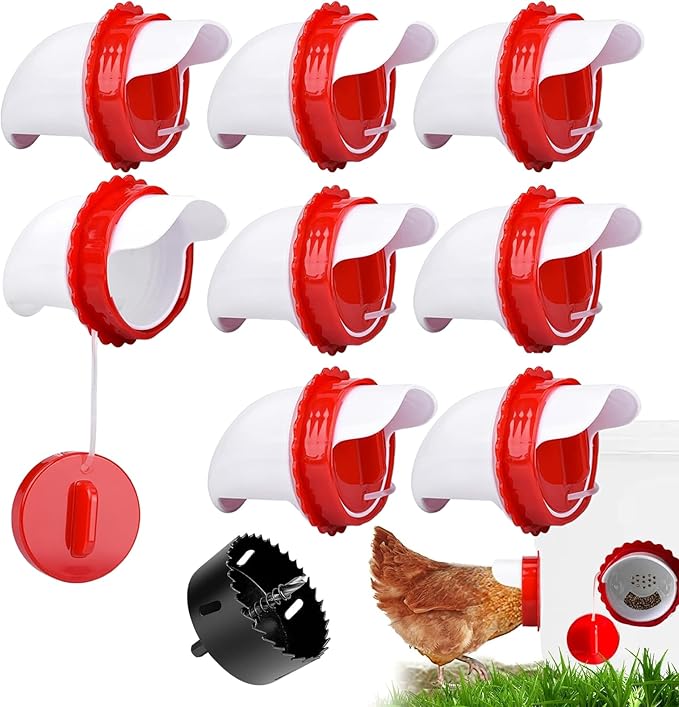 Chicken Feeder Port Kit –8 Pack Automatic Poultry Feeder Cups for Buckets & Bins, No Waste Rainproof DIY Chicken Feeders for Hens, Ducks & Other Poultry