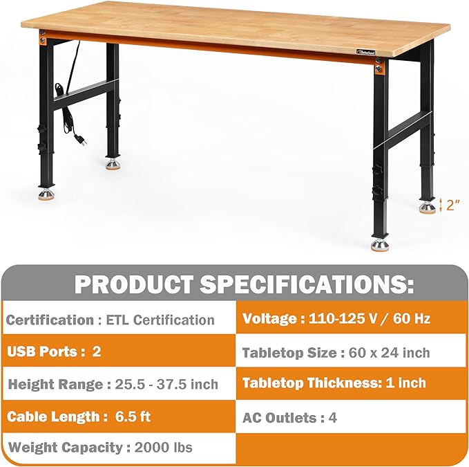 Betterhood Adjustable Height Workbench, 60" Rubber Wood Top Heavy Duty Workstation with Power Outlets, 2000 LBS Load Capacity Hardwood Worktable for Workshop, Garage, Office, Home, Commercial