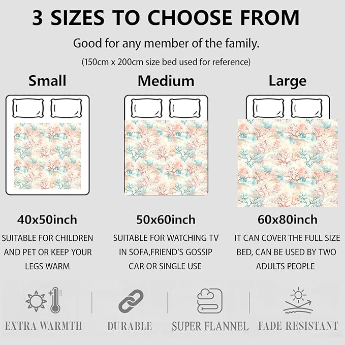 Coral Reef Throw Blanket Gifts for Women, Soft Fuzzy Warm Cozy Flannel Blankets for Bedroom, Travel, Couch, Home Decor 50x60 in