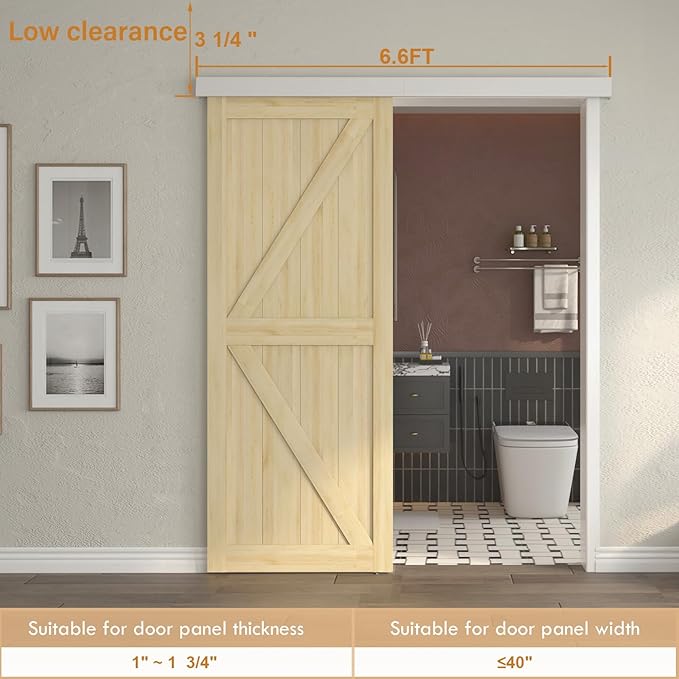 6.6FT Sliding Barn Door Hardware, Low Clearance Aluminium Alloy Box Rail Hardware for Wooden Barn Door, Interior Barn Door Track, Easy to Install