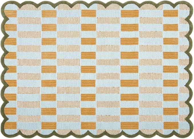 Hand-Tufted Wool Rug with Scalloped Edges, Light Blue Plaid Pattern, Cozy Soft Area Rug for Living Room, Bedroom, and Nursery, Handmade Modern Accent Rug, 4x7 Ft