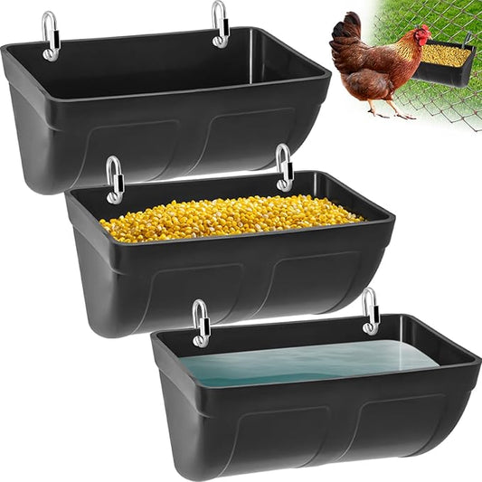 Chicken Goat Hanging Feeder Waterer Trough 4 Quart, Poultry Fence Coop Accessories, Feed & Water Feeding Container for Chicken, Poultry, Duck, Livestock (3pack)