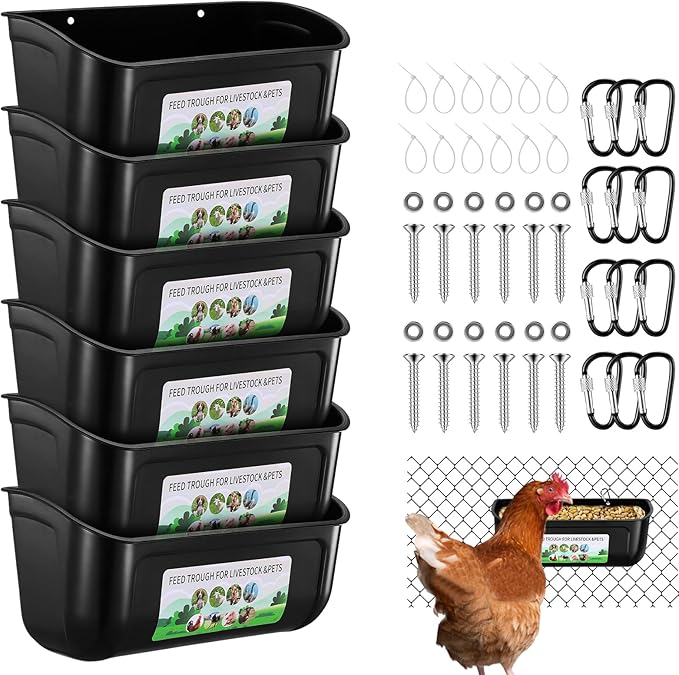 Chicken Feeder Waterer, 6 Pack Duck Feeder Supplies, Hanging Fence Feed Trough with Clips for Goat, Sheeple, Piglet, Gooses, Turkeys, Dog Livestock Poultry, Black