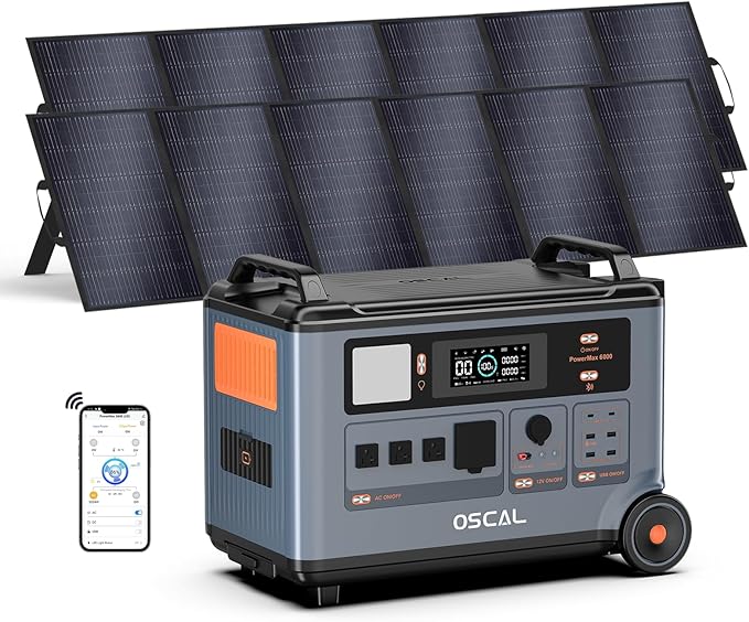 OSCAL PowerMax 6000 Solar Generator with 2x500W Solar Panel, 120V/240V Split Phase Voltage 6000W AC Outlets (9000W Peak), 2200W AC Charging/2400W PV Charging for Home, Emergency, Bank Battery Backup