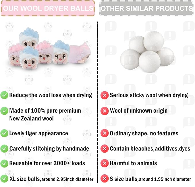 XL Organic Premium Reusable Wool Dryer Balls 6 Pack-100% New Zealand Wool,Reusable for 2000+ Loads,Natural Fabric Softener Ball,Hypoallergenic Baby Safe & Chemical Free to Reduce Sticky Wool