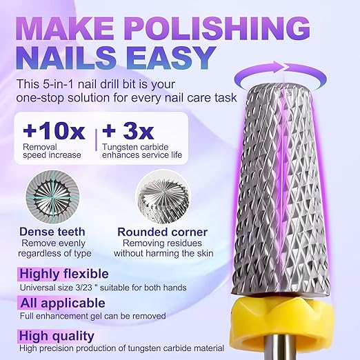 Fantexy 3/32" Carbide Nail Drill Bit - Remove Acrylic Hard Gels Quickly and Safely, 5-in-1 Tungsten Carbide Nail Drill Bit for Nail Art,Manicure,Pedicure,Gel,Cuticle Clean (Extra Fine - XF)