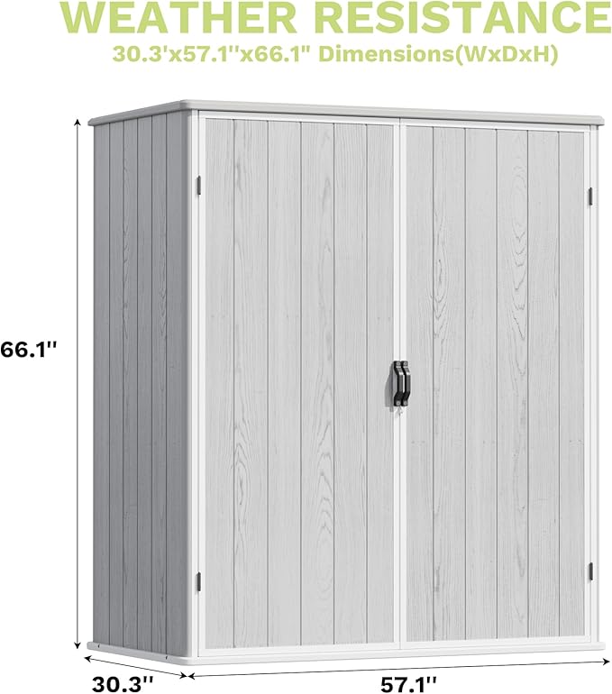 Devoko 5 x 3 Resin Outdoor Storage Shed with Floor - Waterproof Plastic Outdoor Tool Cabinet with Lockable Doors for Patio Furniture, Pool Accessories, Garden Tools (Light Gray)