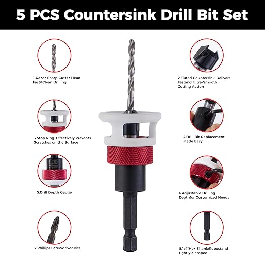 Countersink Drill Bit, 1/8" x3/8" Carbide Tipped Drill Bits with Depth Stop, 1/4" Quick Change Hex Shank Countersink Drill with Replaceable HSS Pilot Drill Bit for Plastic, Woodworking