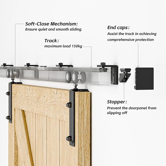 8FT/96'' Box Rail Exterior Sliding Barn Door Hardware Kit for Double Door Aluminium Alloy Wall Mount, Heavy Duty, NO Door Panel