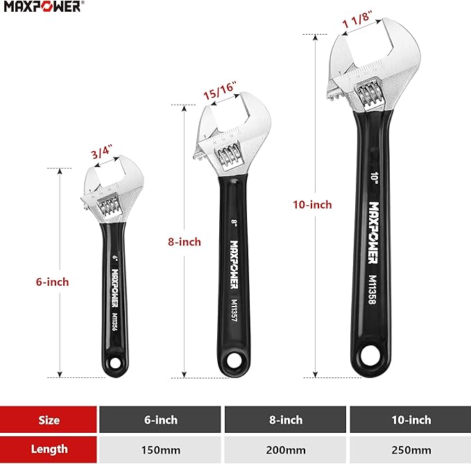 MAXPOWER Adjustable Wrench Set, 3-Piece Adjustable Wrenches 6-inch, 8-inch, 10-inch, Metric & SAE Scales, Extra-Wide Jaw and Soft Grip Wrench Set