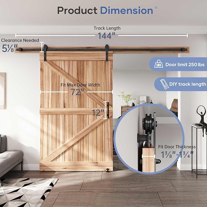 EaseLife 12 FT Sliding Barn Door Track and Handle Hardware Kit, Straight Pulley,Slide Smoothly Quietly,Easy Install (12FT Track Kit for 66"~72" Wide Single Door)