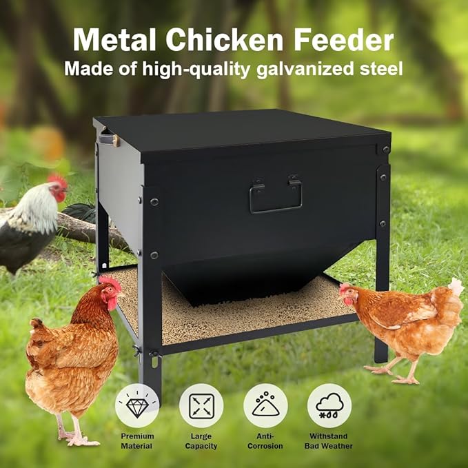 Metal Chicken Feeder No Waste, Large Capacity Poultry Feeder, Adjustable Galvanized Steel Chicken Coop Feeder with Lid and Handle