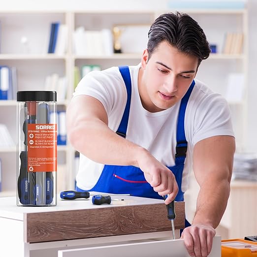 SORAKO 11-Piece Magnetic Screwdriver Set, 5 Phillips and 5 Slotted Tips, Include Magnetizer, Screwdriver with Professional Non-Slip Grip, for Home Repair and DIY Projects，With Case