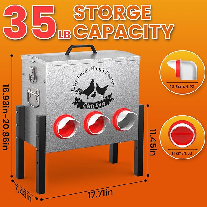 7gal Large Automatic Chicken Feeder - 35LB Capacity 6 Port No Waste Poultry Feeder, Rust-Proof Alloy Steel with Locking Lid & Adjustable Legs for Chickens, Ducks, Geese, Poultry