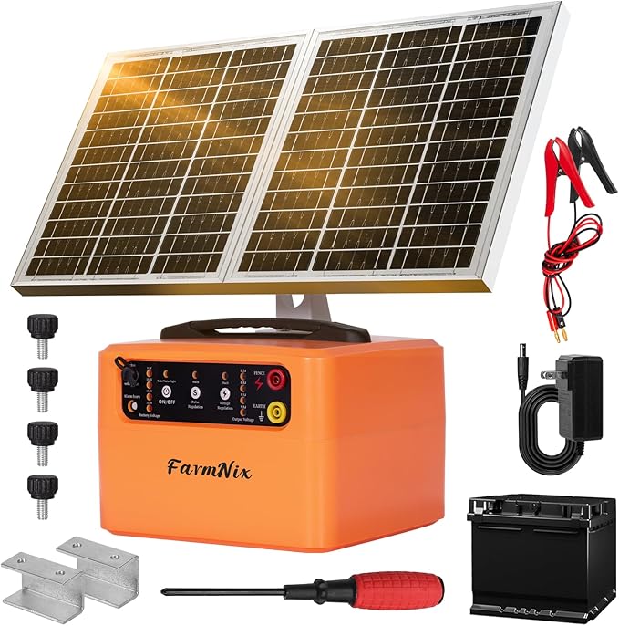 30 Miles Solar Electric Fence Charger for Livestock,6-12KV Adjustable Output Solar Charger,1.5J Fence Charger,15W Solar Powered Electric Fence Kit for Garden,24H Uninterrupted Protection