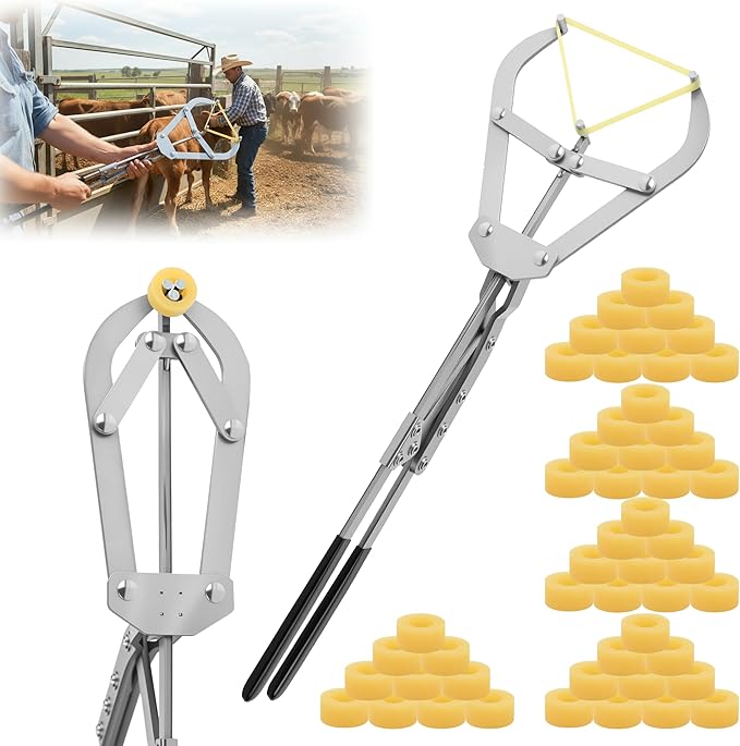 50 Elastrator Bands with Extra Large Stainless Steel Banding Tool Bander Livestock Management Fits Bull,Calves, Goats, Sheep, Easy Application