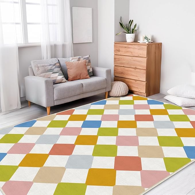 Checkered Washable Geometry Diamond Area Rugs 5x7 Modern Colorful Soft Large Carpet for Children's Room Living Room Entryway Bedroom Non-Slip