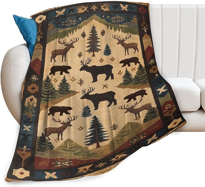 Dynova Cabin Throw Blanket Cozy Plush Retro Rustic Lodge Throw Blankets Bear Deer Decor Fuzzy Flannel Fleece for Girls Boys Women Men 50"X40"