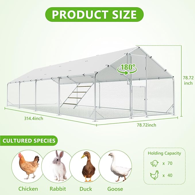 Large Chicken Coop,Metal Chicken Run for Yard with Feeding Door,Walk-in Chicken Pen for 30-40 Chickens,Outdoor Poultry Cage with Anti-UV Cover,Duck Rabbit House