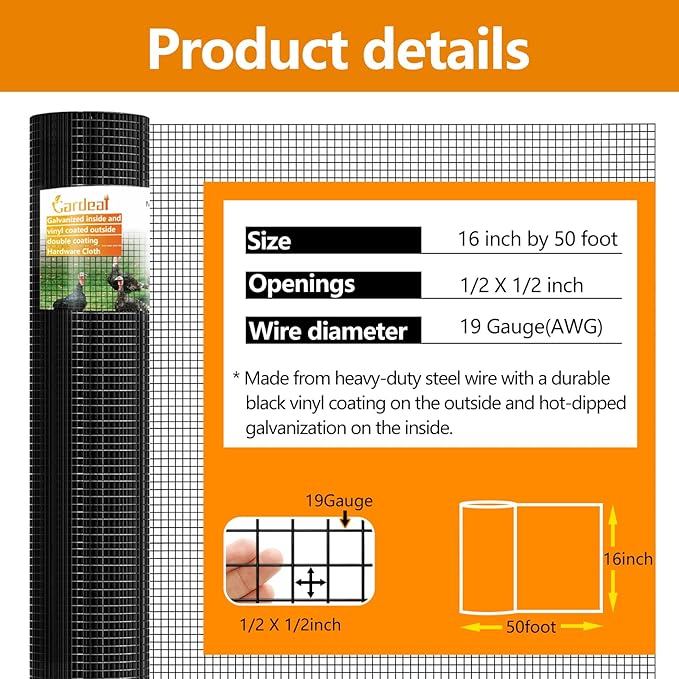 19 Gauge Black Hardware Cloth1/2 Inch -Vinyl Coated Welded Wire Mesh Roll- Duty Rust Proof Fencing for Gardens, Poultry Animal Netting Cage Screen (Black 1/2 16inx50Ft)