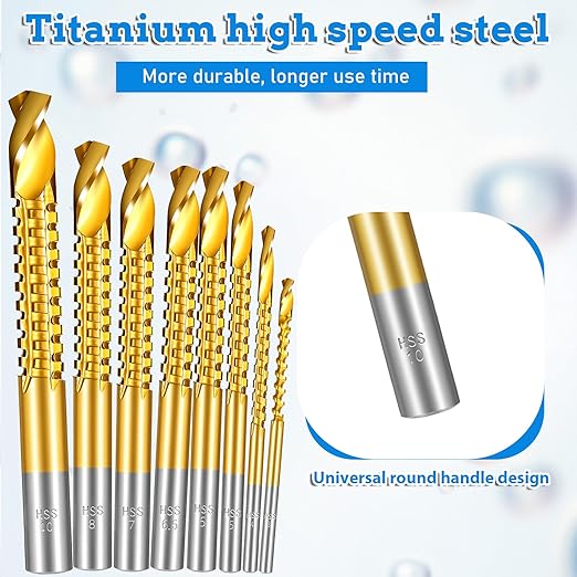 8 Pack Titanium Coated HSS Twist Drill Bits 3-10mm Hex Shank Serrated Cutting Drill Bit Serrated Side Cutting Drills Bit for Metal Wood Plastic Drilling and Cuttings