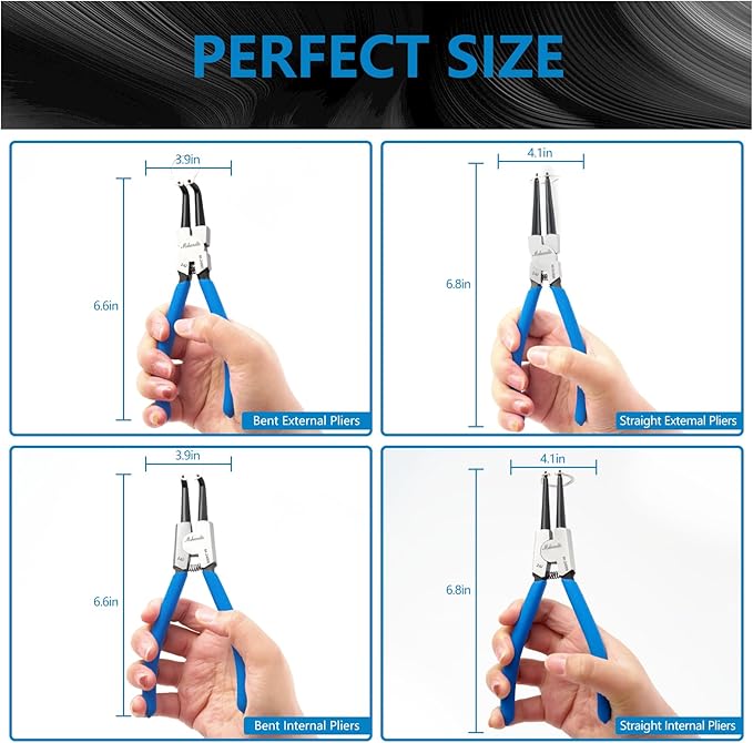 Snap Ring Pliers, 4 Pack CR-V Snap Ring Pliers Set, 7" Heavy Duty Internal/External Circlip Pliers, Straight/Bent Jaw Snap Pliers for Ring Remover Retaining Snap-Ring Plier