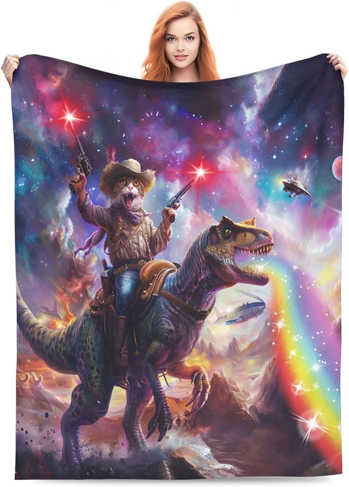 Funny Cat Dinosaur Blanket Galaxy Space Rainbow Decor Throw Blanket Cozy Plush Flannel Fleece Warm Soft Lightweight Fuzzy Blanket Funny Gifts for Boys Girls Teens Women for Bed Sofa Couch 50"X60"