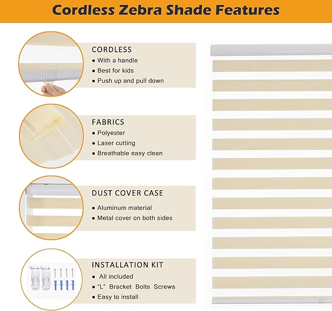 Cordless Zebra Blinds Window Blind Zebra Shade Blinds for Windows Roller Sheer Shades Privacy Light Filtering Shades for Home Kitchen Bathroom (Width 36'' X Height 72'' Cream)