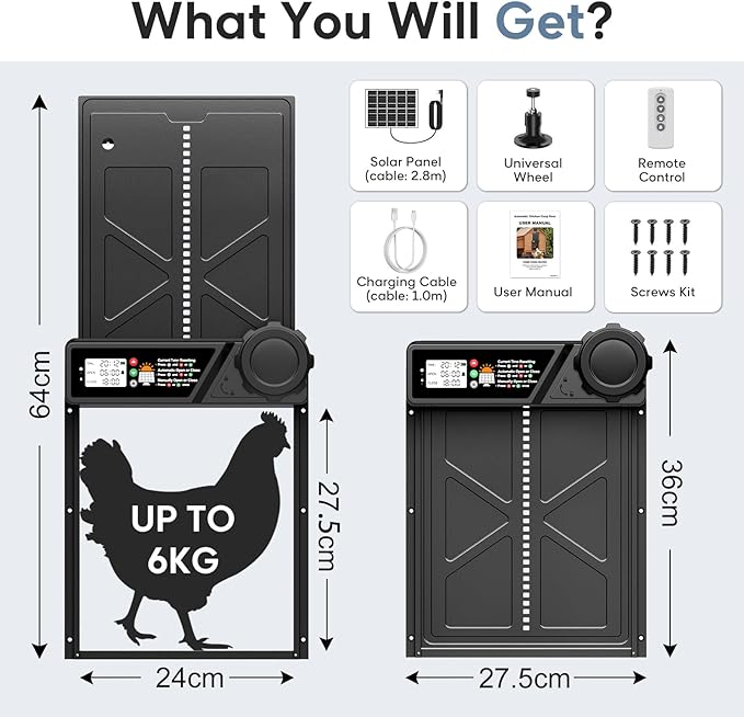 Large Size Automatic Chicken Coop Door Solar - Powered Auto Chicken Door Opener, Timer Modes for Safe and Convenient Chicken Keeping with Intelligent Obstacle Sensors, Remote Control, 14.2"H x 10.83"L