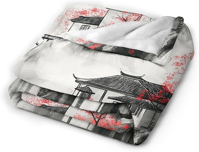 Japanese Throw Blanket Splash Red Cherry Blossom Gifts for Girls Women Men Boys Plush Cozy Flannel Fleece Fuzzy Landscape Blankets 50"X40"