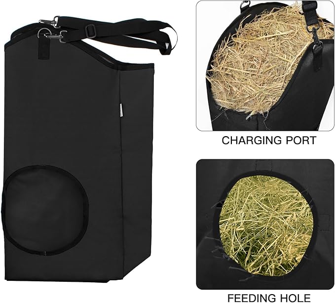 Goat Hay Feeder,Hay Bags for Goats,Horses,Sheep,Premium 600D Oxford Cloth,with Metal Fastener and Adjustable Open Feed Hole for Slow Feeding,Easy to Fill and Hang with Large Opening (Black)