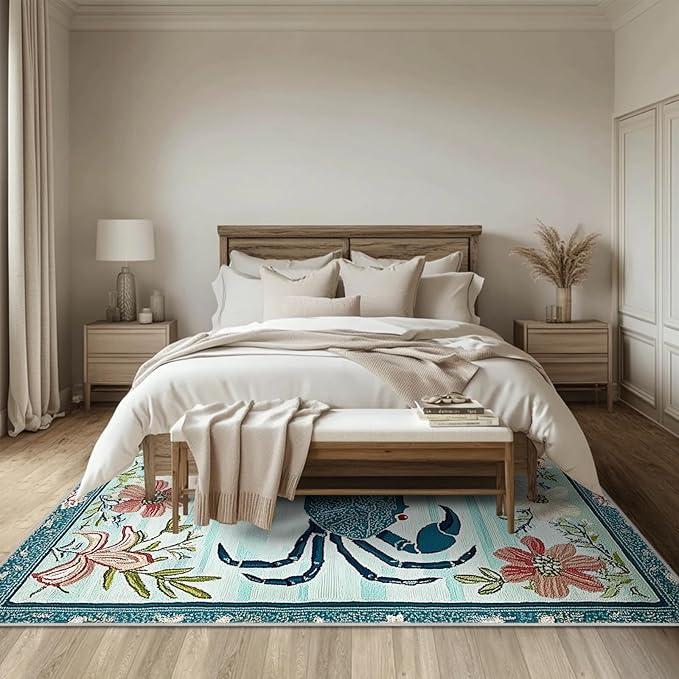 4x6 Crab Area Rugs Boho Teal Rug for Living Room Indoor Soft Non-Slip Thin Large Carpet Floral Flower Rugs for Bedroom Home Decor Under Table Washable Machine