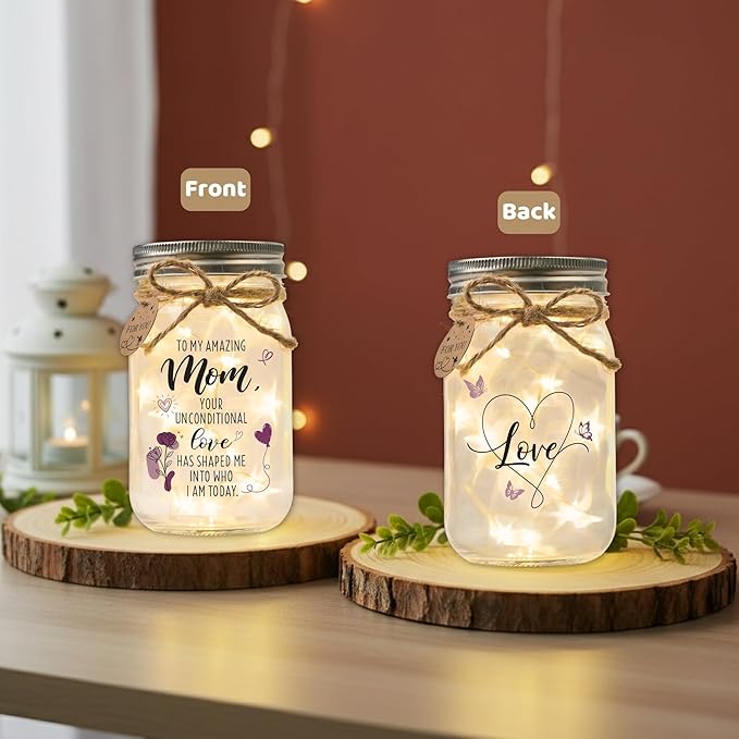 SOLMAY Mom Gifts – Mason Jar Night Light with Quotes – Sentimental Christmas, Birthday & Mother’s Day Gift from Daughter or Son – Inspirational Décor Jar with LED Fairy Lights