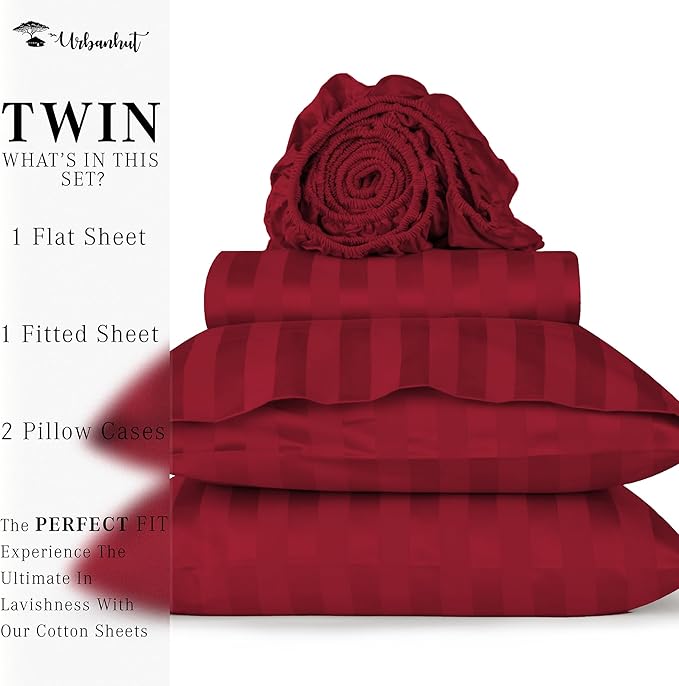 URBANHUT 1000 Thread Count Damask Striped Twin Size Egyptian Cotton Sheets, Long Staple Soft & Breathable, 4 Pc Bed Sheet Sets, Luxury Hotel Sateen Sheets Fits 16" Deep Pocket - Burgundy