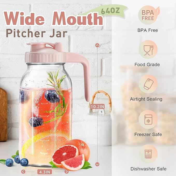 2 Pack Mason Jar with Pour Spout Lid V-shaped, 2 Quart Iced Tea Pitcher Double Leak Proof, 64 oz Drink Pitcher for Breastmilk, Sun Tea, Juice, Coffee Creamer, Formula Pitche