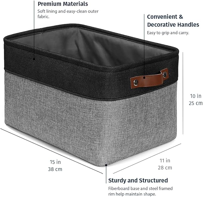 OrganiHaus Large Fabric Storage Baskets for Shelves 3 Pack, 15x11in Closet Storage Bins for Shelves, Canvas Baskets for Organizing, Linen Closet Organizers, Cloth Basket, Gray/Black